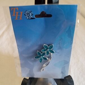 Silver Brooch with Teal Floral Design
